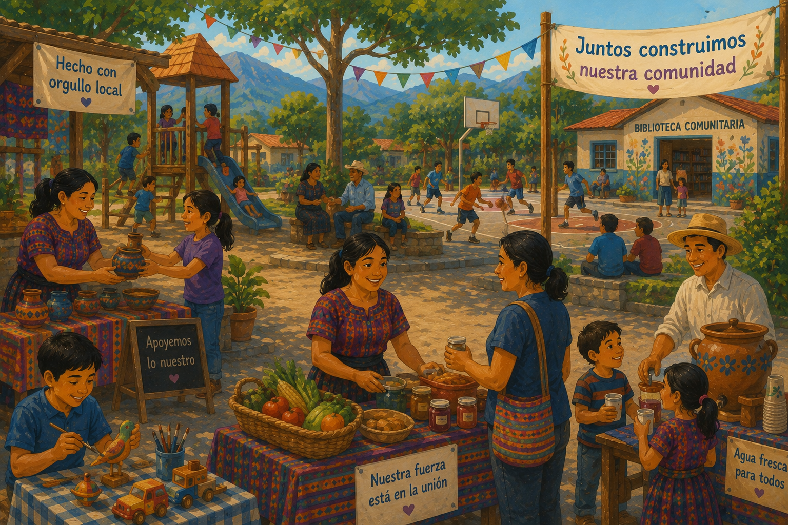 Feria comunitaria con juegos, ventas y cancha